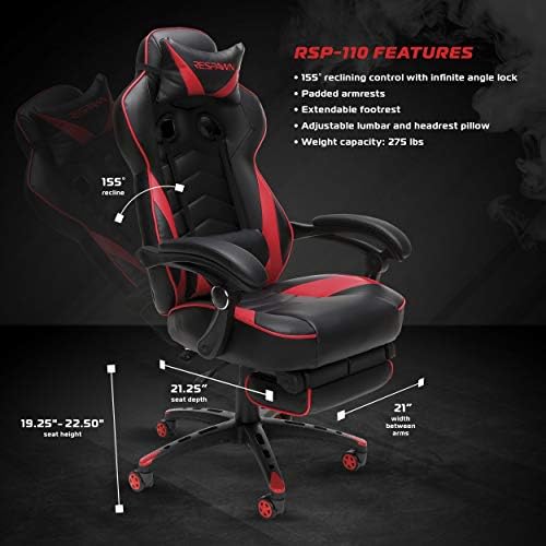 RESPAWN 110 Racing Style Gaming Chair, Reclining Ergonomic Leather Chair with Footrest, in Red