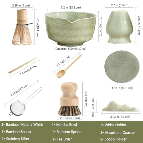 Japanese Matcha Set, Matcha Bowl with Spout and Coaster, Matcha Whisk and Holder, Sifter, Scoop, Spoon, Cleaning Brush,10 Pcs Complete Ceramic Matcha Kit