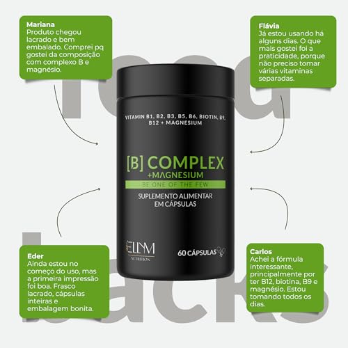 Vitaminas Complexo B e Magnésio 60 Capsulas Ellym Nutrition 2 Meses Biotina Metilfolato Metilcobalamina B1 B2 B3 B4 B5 B6