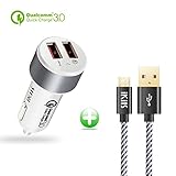 [Qualcomm Certified] iKits Quick Charge QC3.0 30W Dual 2-Port USB Car Charger QC3.0 Cigarette Charger with Smart IC for Samsung Galaxy S7, S6, iPhone/iPad & more (White/Space Gray+4ft Micro USB Cable)