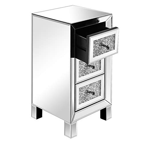 VINGLI 3Drawer Mirrored Nightstand Bedside Table Glass Accent End