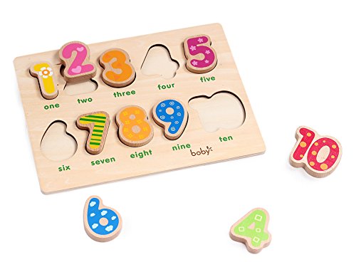 Classic Numbers Solid Wooden Puzzle for Toddlers, Preschool Age w/ Colorful Wood Pieces & Shape Cut-Outs in Board. Simple Educational & Sensory Learning for 1, 2 & 3 Year Olds