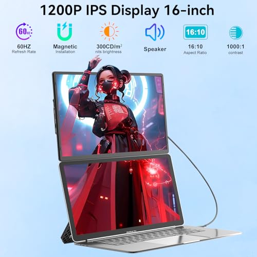 Portable Monitor, 16 Inch FHD 1200P Laptop Screen Extender, Up and Down Adjustable and 360° Rotatable Removable Stand, Travel Monitor for Laptop, Portable Screen for Windows / PC / Mac