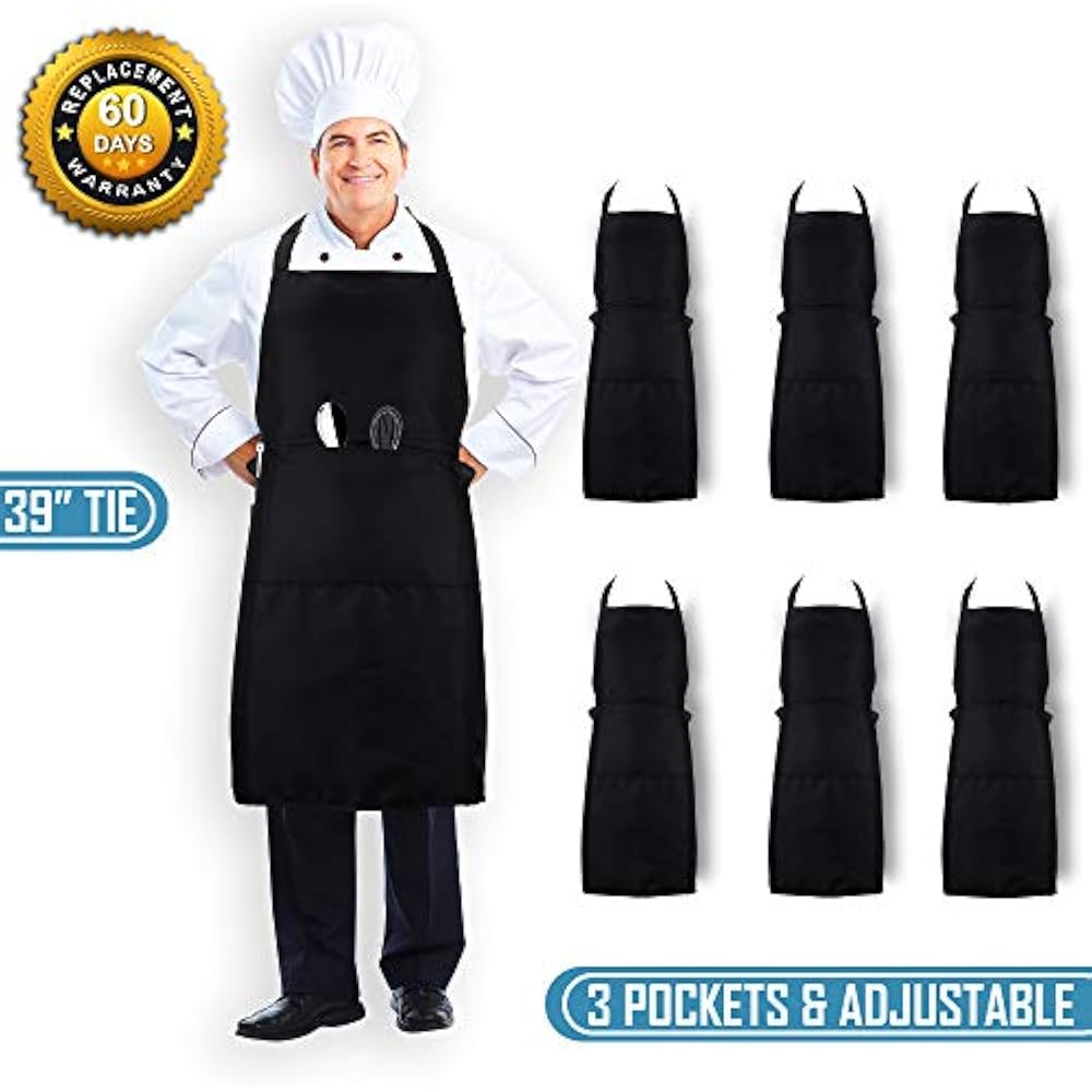 CHEFLUX 6pk Adjustable Commercial Black Restaurant Aprons With 3 Large