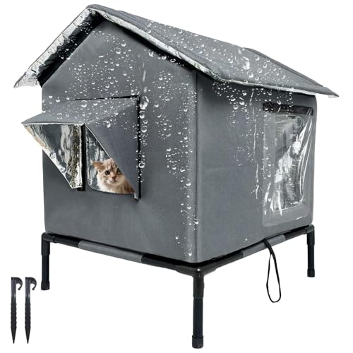 Cat House Weatherproof with Aluminum Film Insulation, All Season Insulated Cat Shelter for Stray & Feral Cats, Collapsible with Door, Easy to Assemble, Waterproof & Windproof Design for Yard(Grey)