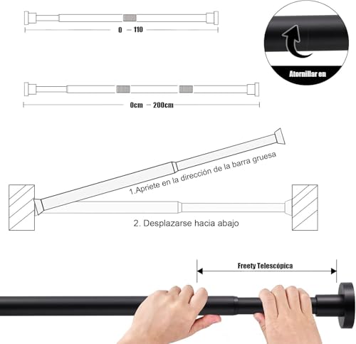 Barra de Cortina Baño LUANMA, Tubo Cortina Ducha (70-110CM), Negro, Acero Inoxidable 304, Montaje Pared, Sin Perforación, Extensible