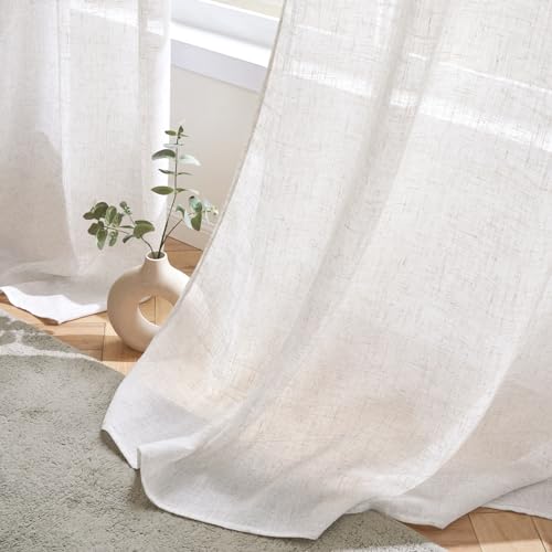 Woaboy Linen Curtains Translucent Net Curtains with Eyelets Modern Decorative for Living Room, Window, Bedroom, 2 Pieces, 140 x 245 cm, White Bleached
