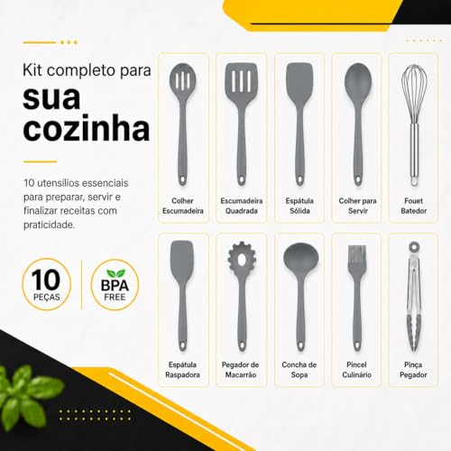 Conjunto CINZA Utensílios Jogo Kit Profissional 10 Peças Cozinha Silicone Resistente a Altas Temperaturas Antiriscos BPA Free Colher Espátula X-MATTE