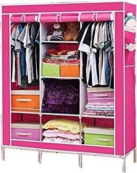 Anva Wardrobe Almirah Collapsible Organizer Storage for Clothes Cupboard Closet with 6 Cabinet & 2 Long Shelves Foldable Portable Non-Woven Fabric Wardrobe for Home Bedroom 130 X 45 X 175 cm Pink