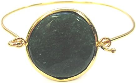 Dark green jade embeded pendant bangle bracelet 18k yellow gold plated Size 2.5" by 2" oval 7 3/4" around