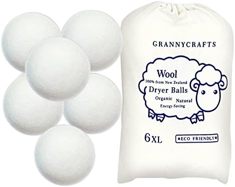 Grannycrafts Wool Dryer Balls 6-Pack XL Premium 100% Organic New Zealand Wool Non-Toxic Reusable Fabric Softener Baby Safe Laundry Balls Reduces Drying Time & Wrinkles Anti Static Fluffs & Softens