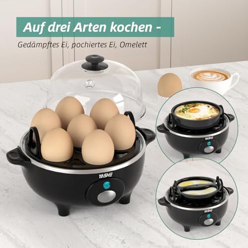 Eierkocher, 360W Kompakter Egg Cooker Multifunktional, 7 Eier leicht zu Pellen, Weich, Mittel, Hart Gekocht, Eierbecher, Omelett-maker, Dampfgarer, Signalton, Kontrollleuchte, BPA-frei