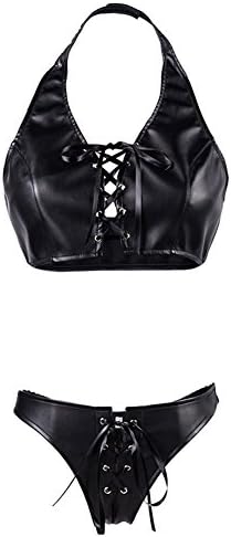 Lotsyle Women's Faux Leather Halterneck Lace lingerie