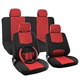 OxGord 17pc Set Flat Cloth Mesh Red & Black Broken Stripe Seat Covers Set - Universal Fit + Steering Wheel Cover