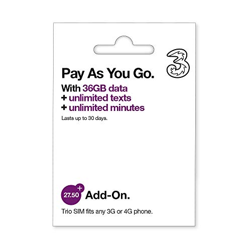 Three 36GB Data Pay As You Go SIM