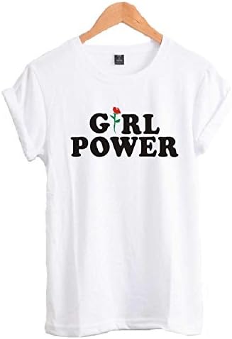 Hoyod Girl Power Print T Shirt Short Sleeve Rose Floral Cotton Hippie Tops White M