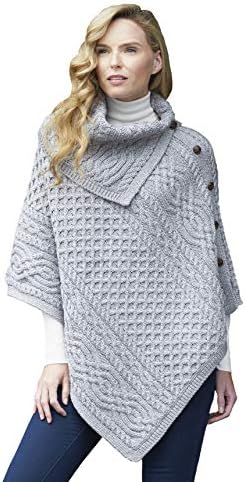 Aran Crafts Cowl Neck Poncho with Buttons (100% Merino Wool)