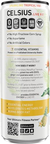 CELSIUS SPARKLING TROPICAL VIBE, FUNCTIONAL ESSENTIAL ENERGY DRINK, 12 FL OZ