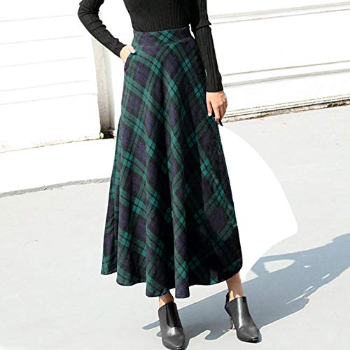 Womens Plaid Maxi Skirt A-line High Waist Winter Warm Flare Long Skirt Green