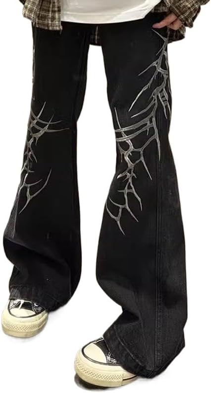 Tyadorw Mens Y2K Jeans Grunge Flame Embroideried High Waisted