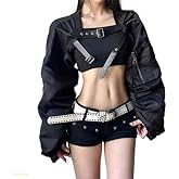 Xojbzoo Women's Y2K Belted Black Motorcycle Jacket Pleated Long Sleeve Super Short Coat Trendy Summer Fashion