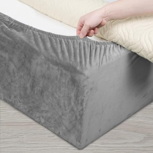 Dujuike Stretch Samt Boxspring Abdeckung Zum Umwickeln, Alternative Zum Traditionellen Volant Bettrock, Einfach Anzubringen (Hellgrau, Queen Bed Width:150-160Cm)
