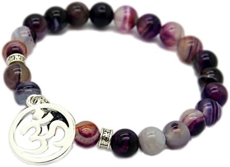 Mystic Expression Purple Agate Stone Stretch Bracelet with Round Om Symbol Charm