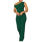 HBQ Women's Summer 2 Piece Outfits Casual Tracksuit One Shoulder Asymmetrical Short Sleeve Wide Leg Long Pant Lounge Sets-XL-Green