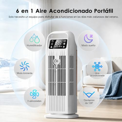 Portable Air Conditioner with Remote Control, 5 in 1 Water Fan, 1.2L Evaporative Climate Control, Storm Button 7 m/s, 120° Oscillation, 12 Hour Timer, Low Consumption (Polar White)