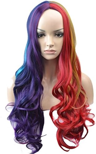 TKEKON Long Curly Full Head Grey Ombre Lavender Wigs Natural Wavy Wigs for Cosplay Costume Party Come with Wig Cap (Purple/Red/Brown/Blue)