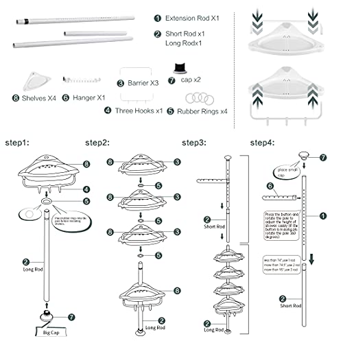 Shower Caddy,4 Tier Bathroom Baskets Corner Shower Caddy Tension Pole Storage Rack Organizer,Height Adjustable Among 3.6Ft to 10.1Ft