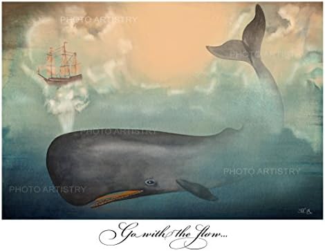 Whale Fine Art 11"x14" Print - Go With The Flow, Nautical, Vintage Beachy, Beach Print, Cottage Decor, Sea, Rustic Wall Art, Teal, Blue