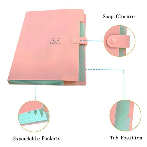 LANGSHOP Letter A4 Accordion Folder Expanding File Organizer 5 Pockets with 2 Transparent File Holders (Pink)