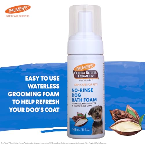 PALMER’S FOR PETS BATH FOAM WITH COCOA BUTTER; WATERLESS DOG GROOMING FOAM WITH VITAMIN E AND COCOA BUTTER, FOAMING “DRY SHAMPOO” FOR DOGS, 5 FL OUNCES