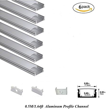 Hanks 0.5M LED Aluminum Profile 17.5*7mm Silver U-Shape Internal Width 12mm Channel System with Cover, End Caps and Mounting Clips Aluminum Channel for LED Strip Light (P16(6x0.5M-Pack))