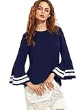 MakeMeChic Women's Elegant Bell Sleeve Striped High Low Blouse Shirt Top Navy L