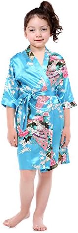 Girl's Peacock Floral Satin Kimono Robe Bridal Blossoms Sleepwear Robe For Spa Wedding Party