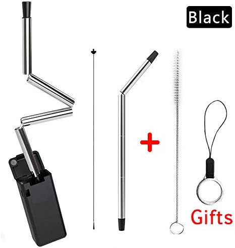 Collapsible Straws,Reusable Stainless Steel Folding Drinking Straw,Foldable Straws Keychain with Two Cleaning Brushes Perfect for Travel Outdoor Household with Keychain Gifts(Black)