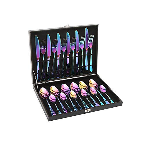 Lightahead 24pcs Rainbow colored Iridescent Stainless Steel Flatware Tableware Cutlery Set in attractive Black Gift Box (Multicolored)