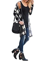 LACOZY - Cárdigan de punto largo con parte frontal abierta, con broche de búfalo, a cuadros, para mujer
