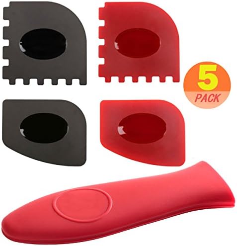 Super Durable 4 Pack Grill Pan Scrapers with Silicone Hot Handle Holder for Lodge Cast Iron Skillets, Cookware Baking Grill Pans