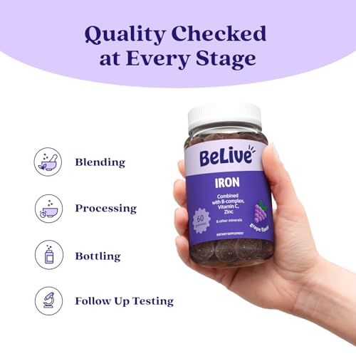 BeLive Iron Gummies For Women, Men & Kids - Multivitamin Supplement with Vitamin C, B and Zinc - Supports Red Blood Cell Production - Grape Flavor - 60 Count - Gluten Free