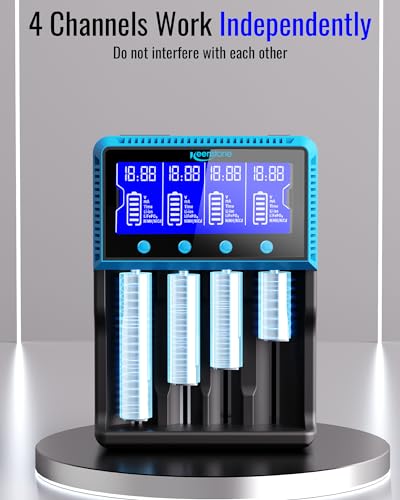 Keenstone 18650 Battery Charger, Universal Rechargeable Battery Charger for 26650 10440 14500 16340 26500 IMR Li-ION Ni-MH Ni-CD LiFePO4 AA AAA, Large Screen, Independent Case
