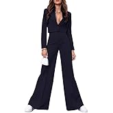 HipGlamp Women's Formal Long Sleeve Cropped Blazer & Wide-Leg Pant Suit Set with Deep V Neck Business to Cocktail Elegant