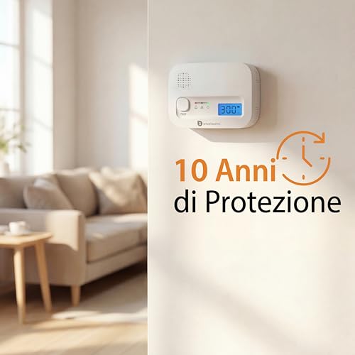 Smartwares Carbon Monoxide Detector – 10 Year Sensor – Batteries from 3 Years – with Display and Test Button – FGA-13041