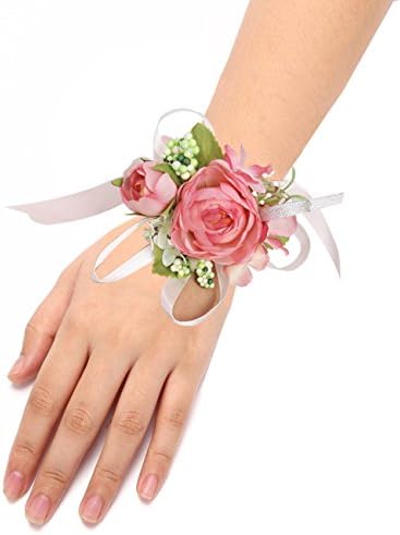 Dreamdeer Girl Bridesmaid Wedding Wrist Corsage Party Prom Hand Flower Beautiful Set for Graduation Gift, Wedding, Party, Dance & Prom Night Best Buy Gift(2pcs) (Pink)