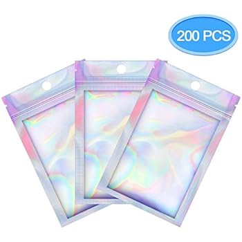 EAONE 200 Pcs Mylar Zip Lock Bags, Aluminum Foil Bags Double-Sided Metallic Foil/Mylar Ziplock Bags Food Storage Bags Hanging Storage Pouch (Holographic Rainbow Color 2.95 x 4.7 Inch)