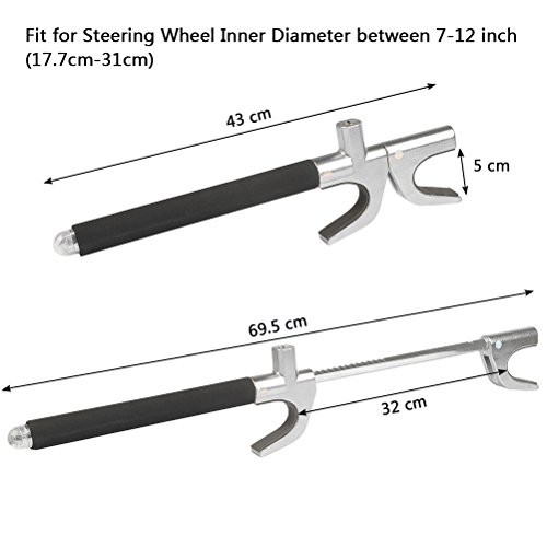 QLOUNI Car Steering Wheel Lock Adjustable Universal Vehicle Locking Devices Heavy Duty Self-defense Weapon Escape Hammer (with 3 Keys, End Cap, Velcro) - Thumbnail 2