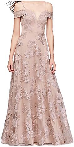 UTAMALL Embroidered Mesh Off-The-Shoulder Evening Party Dress Spaghetti Straps A-Line Prom Gown
