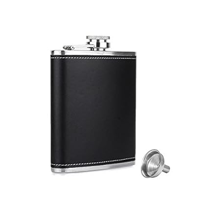 Hip Flask with Funnel, Stainless Steel and Stitched Leather Designer Hip Flask Gift Set for Men & Women - Pocket Carry Liquor Flask Or Wine Whisky Vodka Alcoholic Drinks Holder 7 Oz (210 Ml)